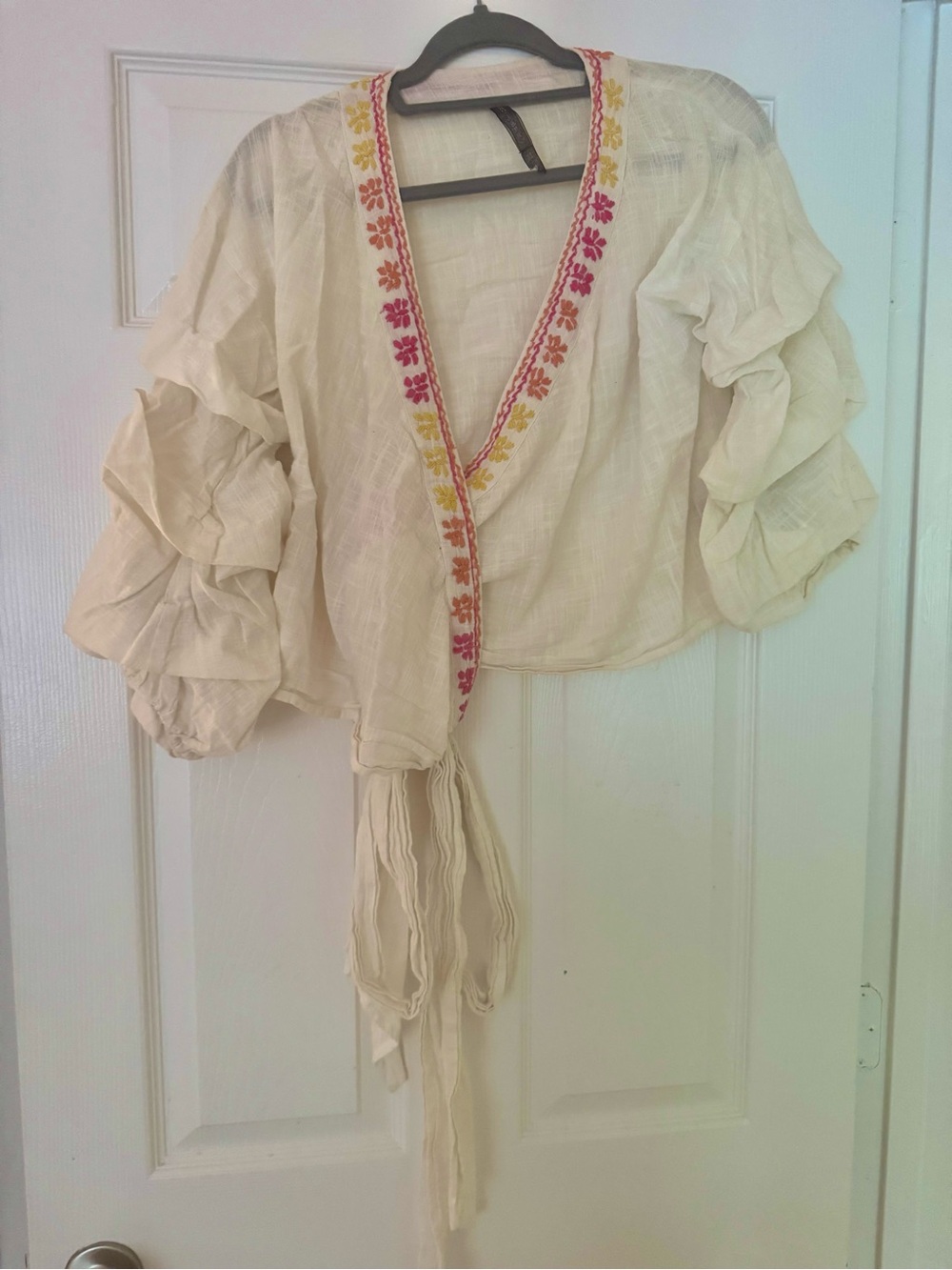 Cream Embroidered Tie-Front Wrap Blouse with Ruffle Sleeves
